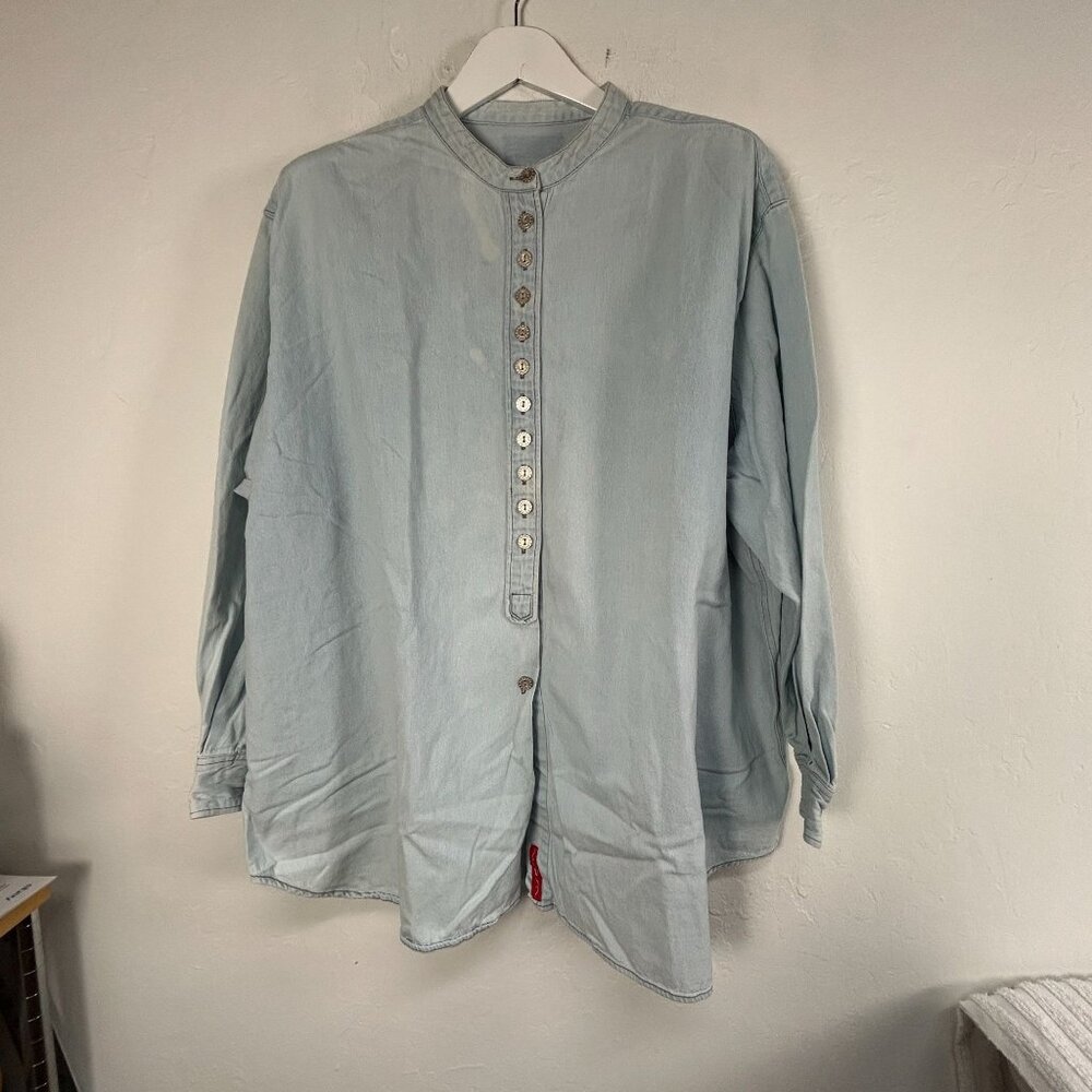 Venezia Jeans Womens Light Wash Denim Long Sleeve Button-Down Shirt Blue Casual